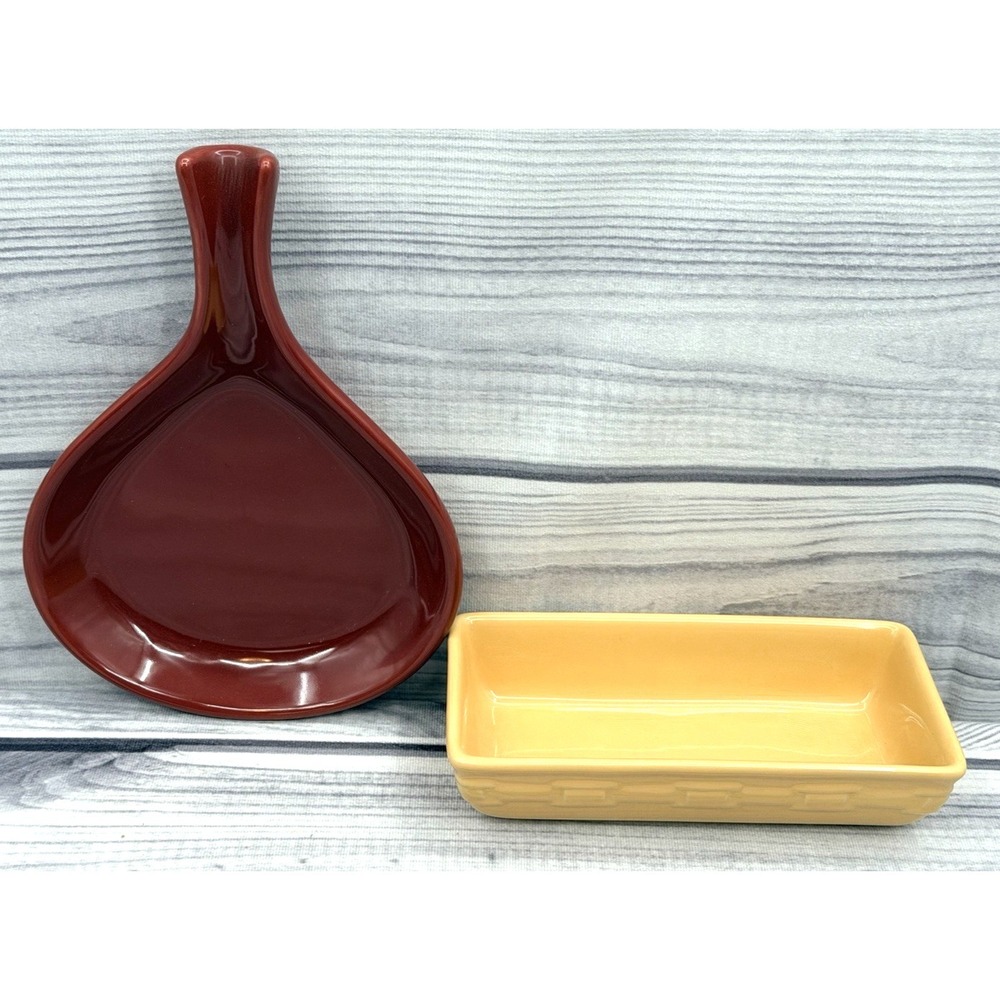 LONGABERGER POTTERY WOVEN PAPRIKA HANDLED BAKER / BUTTERNUT RECTANGLE DISH